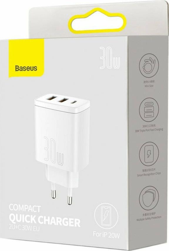 BASEUS COMPACT ΦΟΡΤΙΣΤΗΣ ΓΡΗΓΟΡΗΣ ΦΟΡΤΙΣΗΣ, 3 ΘΥΡΕΣ, 30W, ΛΕΥΚΟΣ