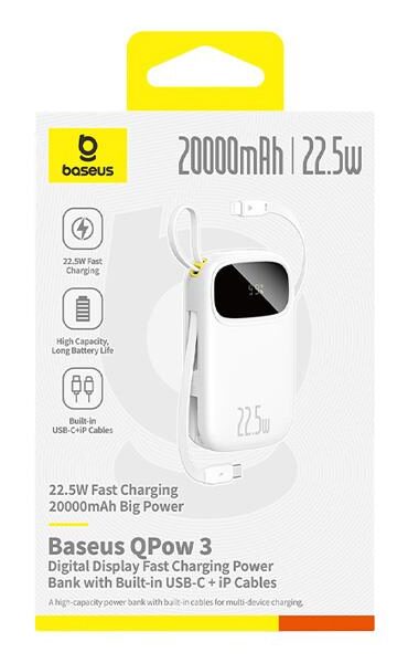 BASEUS ENERFILL FC31, POWERBANK, 10000MAh, ΜΕ 2 ΚΑΛΩΔΙΑ TYPE-C, 22.5W, ΜΕ ΨΗΦΙΑΚΗ ΟΘΟΝΗ, ΛΕΥΚΟ