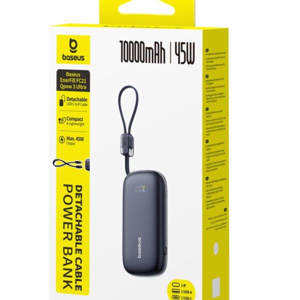 BASEUS ENERFILL FC21 QPOW3 ULTRA, POWERBANK, 10000MAh, ΜΕ ΚΑΛΩΔΙΟ ΑΠΟΣΠΩΜΕΝΟ LIGHTNING, 45W, ΜΕ ΨΗΦΙΑΚΗ ΟΘΟΝΗ, ΜΑΥΡΟ
