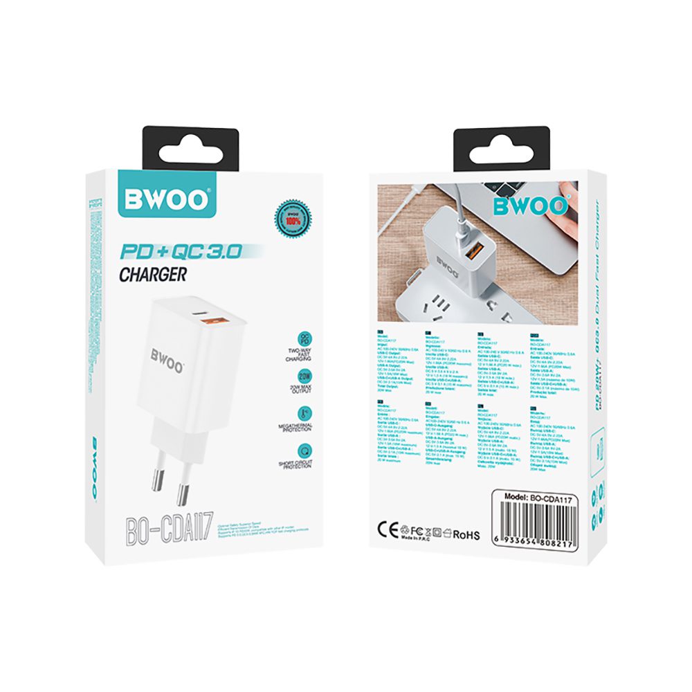 BWOO BO-CDA117 PD wall charger 38W 1x USB-C - USB-A port white