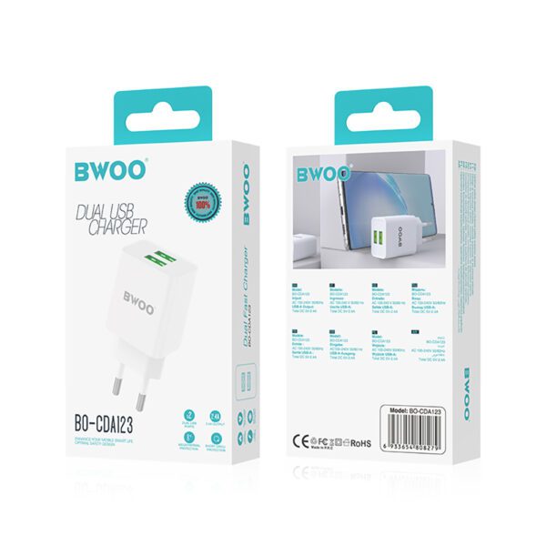 BWOO CDA123 wall charger 2x USB-A port 5V 2,4A white