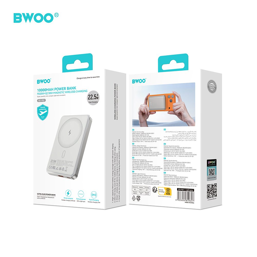 BWOO P82 BO 10000mah 15w power bank wireless charging light grey