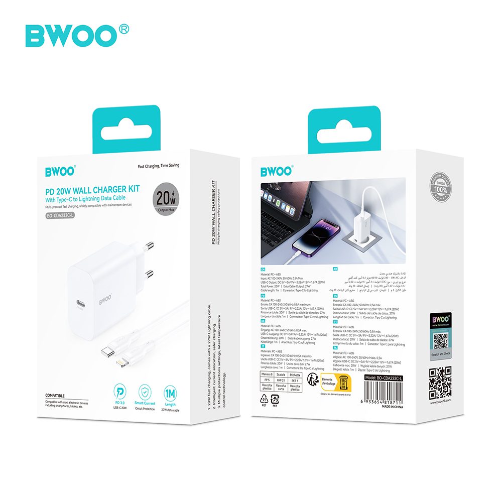 BWOO wall charger CDA233 PD 20W 1x USB-C with USB-C - Lightning cable white