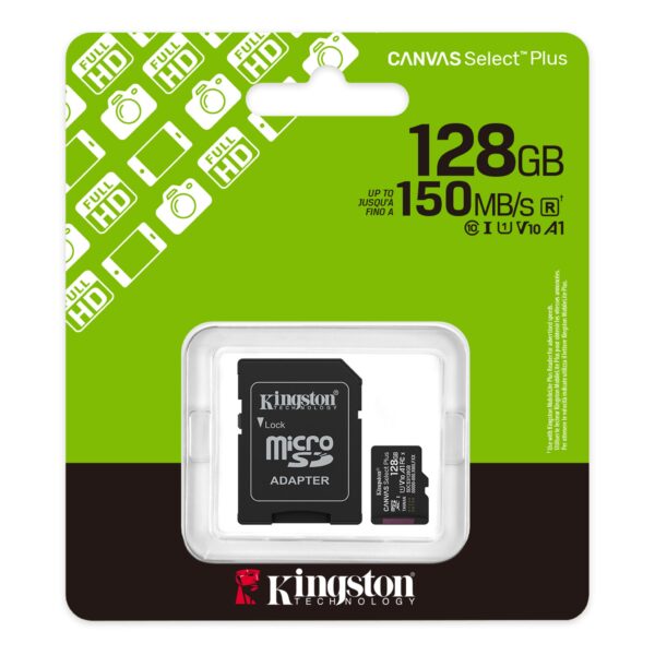 Kingston memory card 128GB microSDXC Canvas Select Plus Gen3 150MB/s A1 Card + Adapter