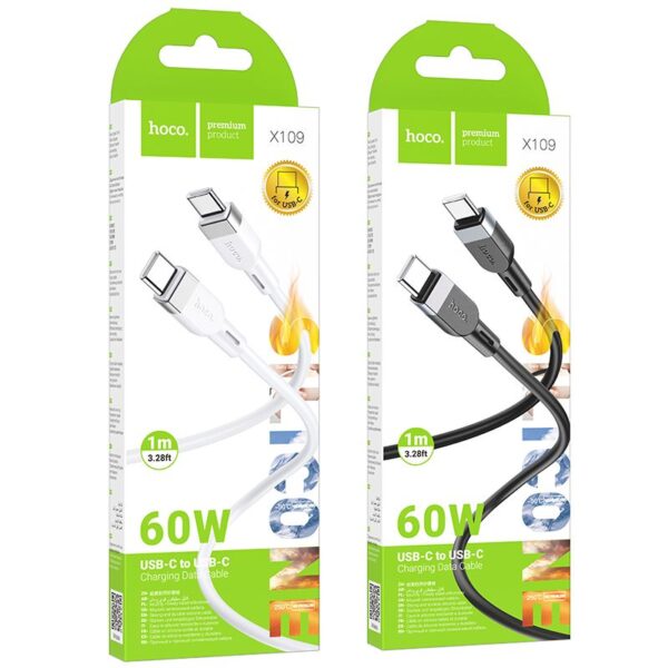 Silicone Cable USB C to USB C Hoco 3A 60W 1 m X109 black