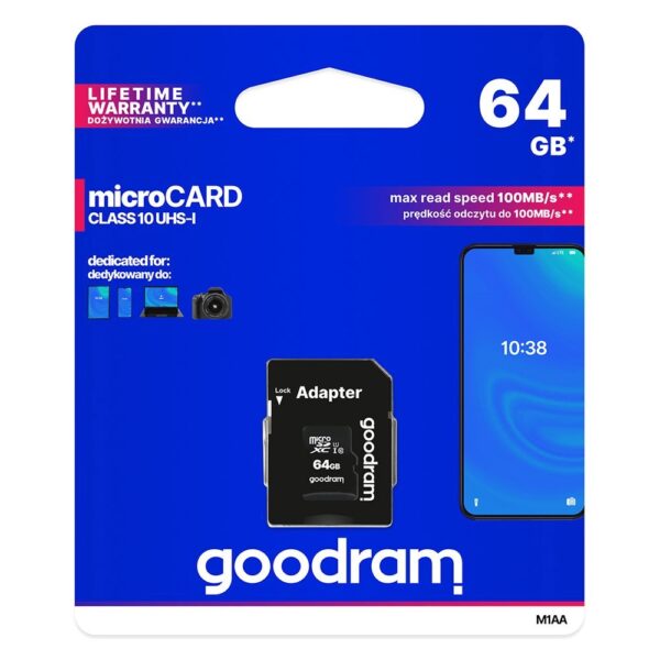 61363_1 Goodram Microcard 64 GB micro SD XC UHS-I class 10 memory card, SD adapter (M1AA-0640R12)eng