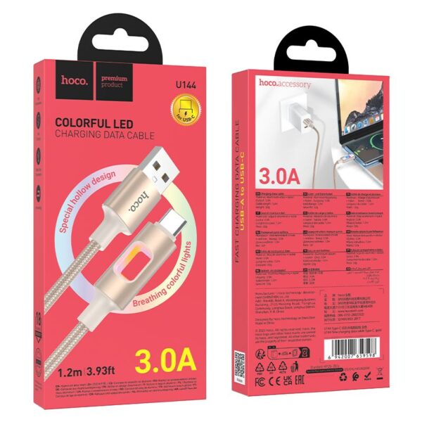 LED Cable USB A to USB C Hoco 3A 1,2 m U144 white