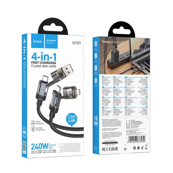 Cable 4in1 USB A/C to USB C/Lightning Hoco 240W 1,2 m U151 black