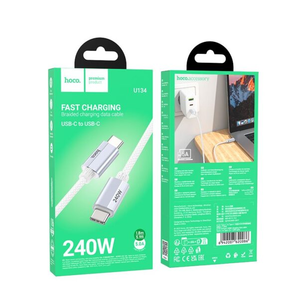 fad40601059fc203a2c805e6e40d7b5f Cable USB C to USB C Hoco QC3.0 PD 5A 240W 1,8 m U134 gray