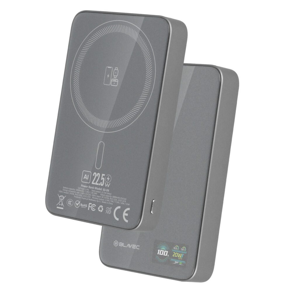 Blavec Power Bank 10000mAh BJ-04 Slim 13,5mm - Type C - 22,5W magnetic Magsafe 3 in 1 (PBBJ04-MC10G) grey glass