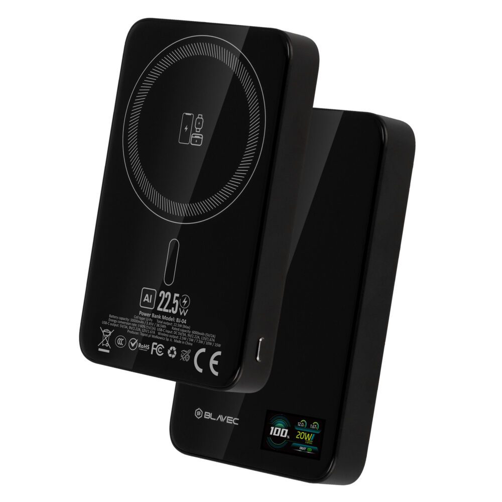 Blavec Power Bank 10000mAh BJ-04 Slim 13,5mm - Type C - 22,5W magnetic Magsafe 3 in 1 (PBBJ04-MC10B) black glass