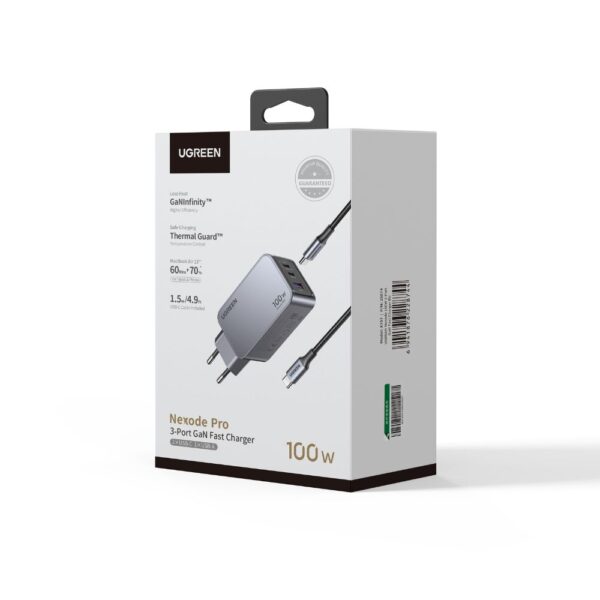 Φορτιστής Σπιτιού GaN PD 100W UGREEN X757 25874 3 Θέσεων, με καλώδιο USB-C 100W 1.5m Γκρί