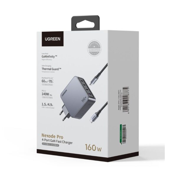 Φορτιστής Σπιτιού GaN PD 160W UGREEN X763 25877 4 Θέσεων, με καλώδιο USB-C 240W 1.5m Γκρί