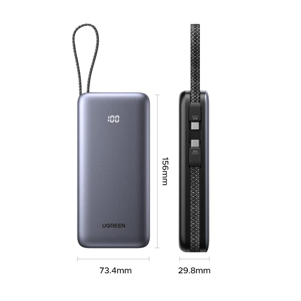 Power Bank 20000mAh PD 30W UGREEN PB528 55985B 2 Θέσεων, με 2 καλώδια USB-C Γκρι