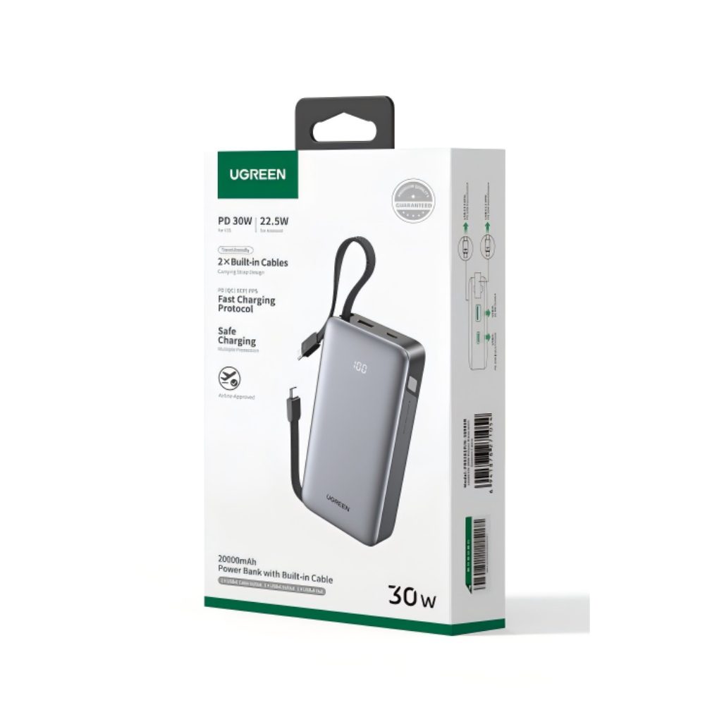 Power Bank 20000mAh PD 30W UGREEN PB528 55985B 2 Θέσεων, με 2 καλώδια USB-C Γκρι