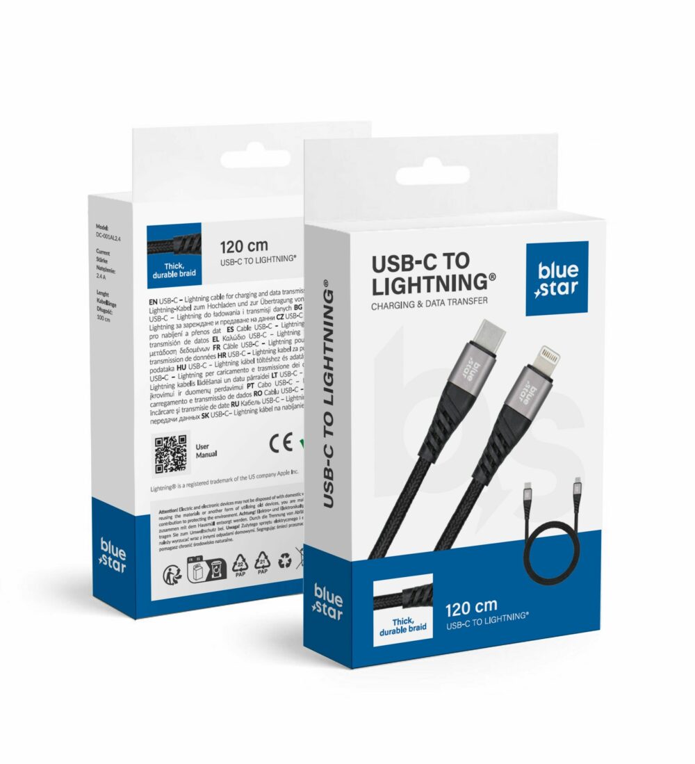 BLUE STAR braided cable 2,4A Type C to Lightning TFK-DC-003 1,2 m black