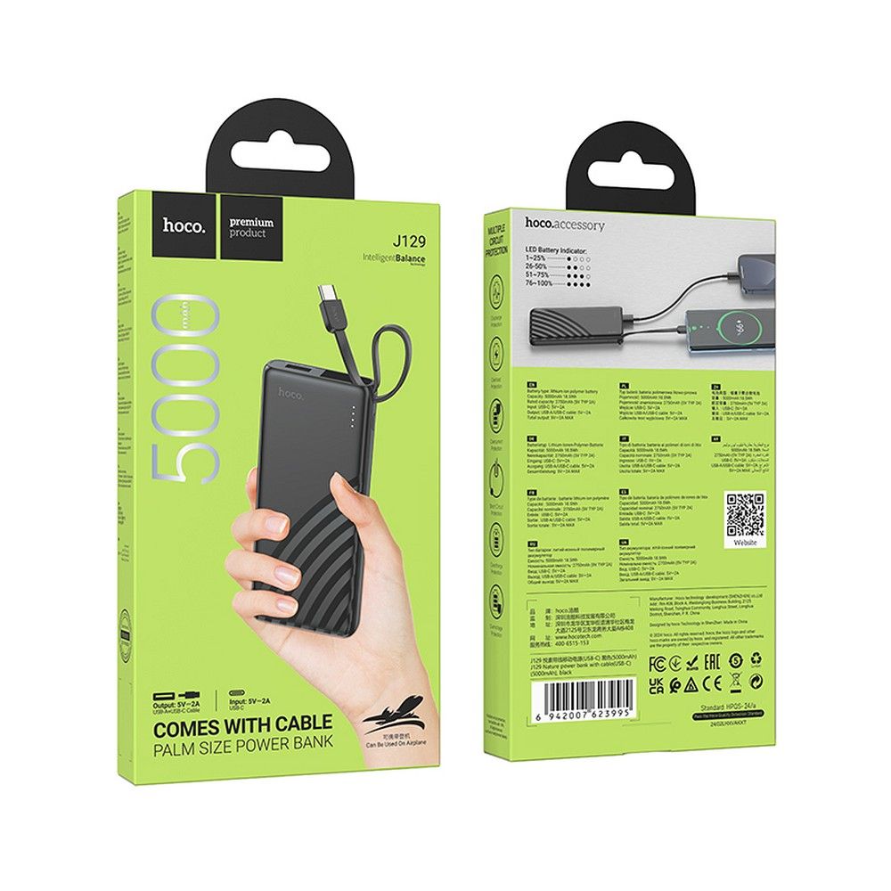 HOCO powerbank 5000 mAh with built-in cable Type C 2A J129 black