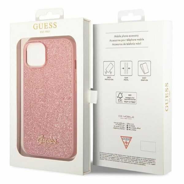 GUESS case for IPHONE 14 Plus GUHCP14MHGGSHP (Glitter Flakes Script Metal Logo) pink