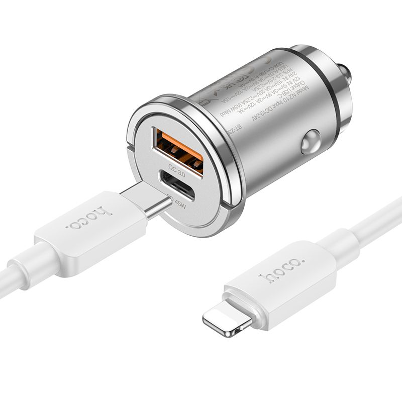 HOCO car charger USB A + Type C + cable Type C to Lightning PD QC3.0 4A 45W NZ10 silver