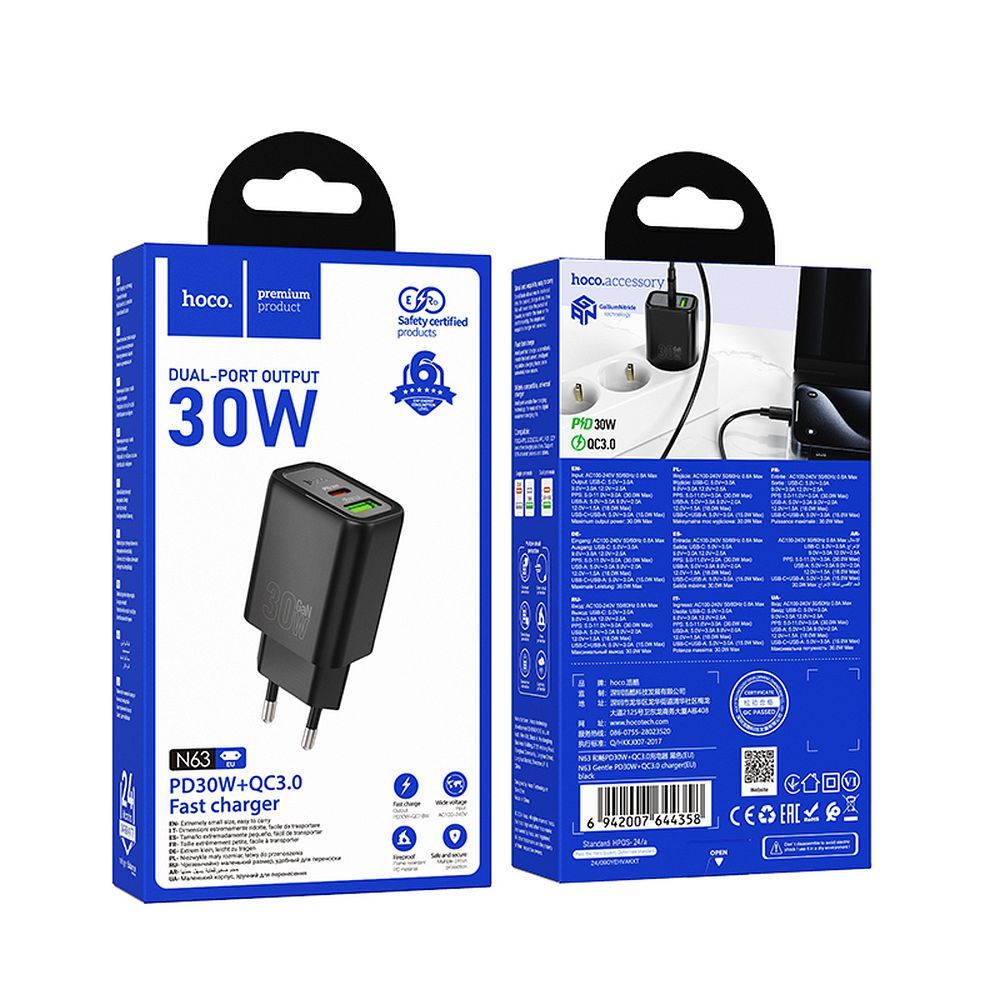 HOCO wall charger USB A + Type C PD QC3.0 3A 30W N63 black