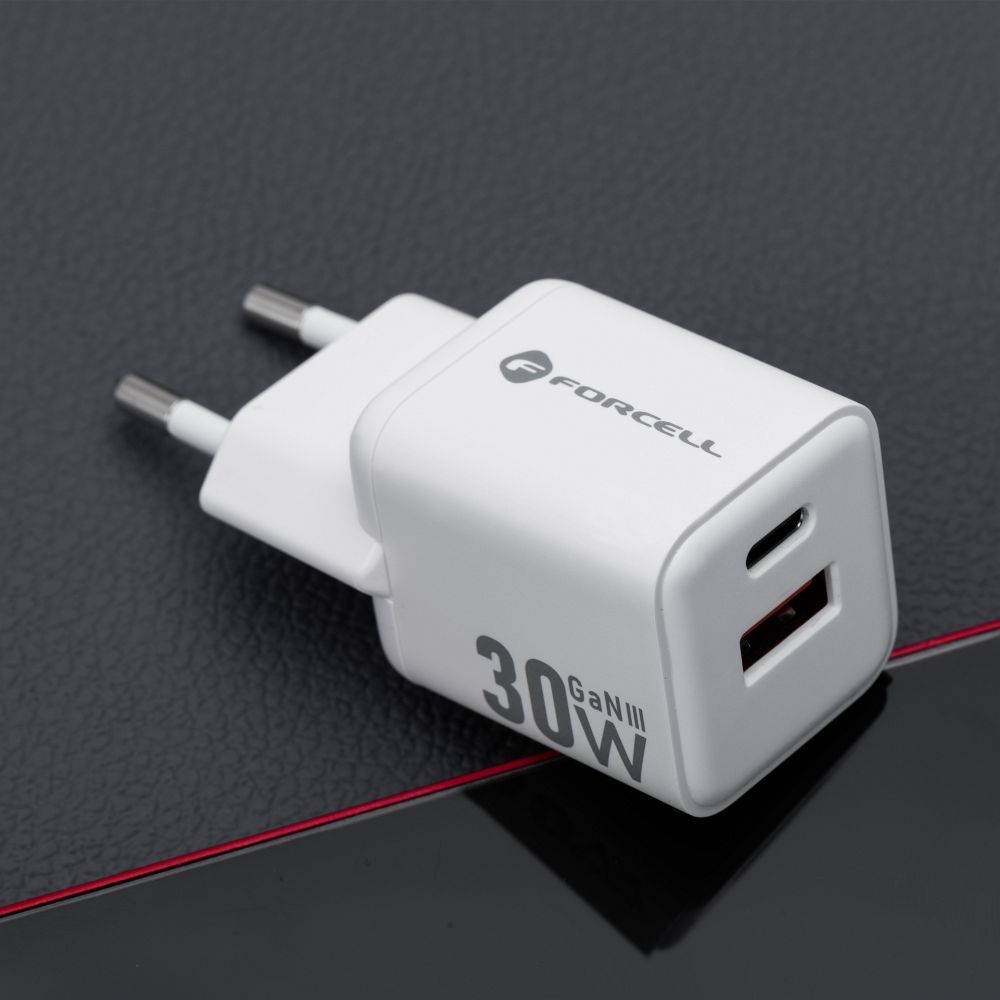 FORCELL F-ENERGY Mini GaN III VT-35 travel charger with 1 x Type C + 1x USB A sockets, PD QC4.0 30W white