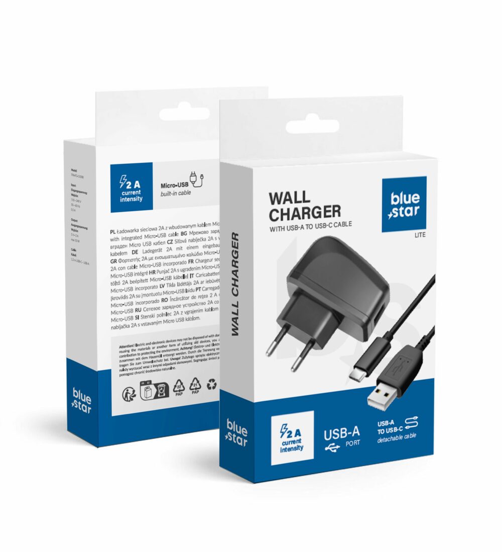 0b5ea10f6d6d526b08f4ffb79fdc18f6 BLUE STAR LITE travel charger 2A 10W USB A + cable USB A to Type C TFK-TC-1095B black
