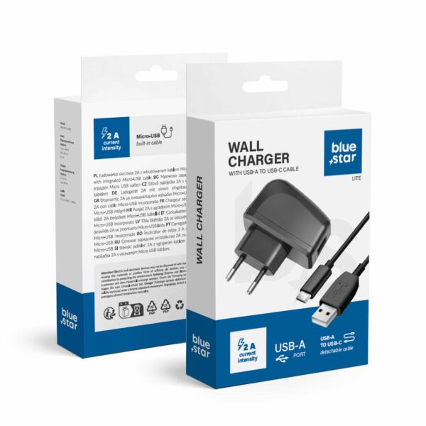 0b5ea10f6d6d526b08f4ffb79fdc18f6 BLUE STAR LITE travel charger 2A 10W USB A + cable USB A to Type C TFK-TC-1095B black