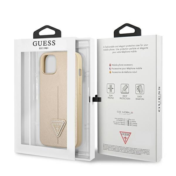 GUESS case for IPHONE 13 / 14 / 15 GUHCP14SPSATLE (SaffianoTriangle Logo) beige