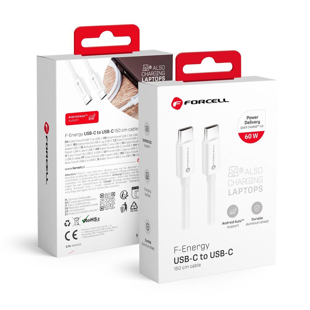 FORCELL F-ENERGY C338 cable Type C to Type C PD QC4.0 3A 60W 1,5 m white