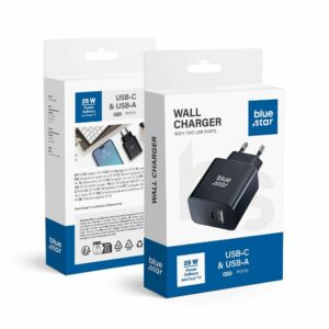 BLUE STAR travel charger with USB C+USB-A sockets PD QC4.0 3A 25W TFB-TC-25WPD black
