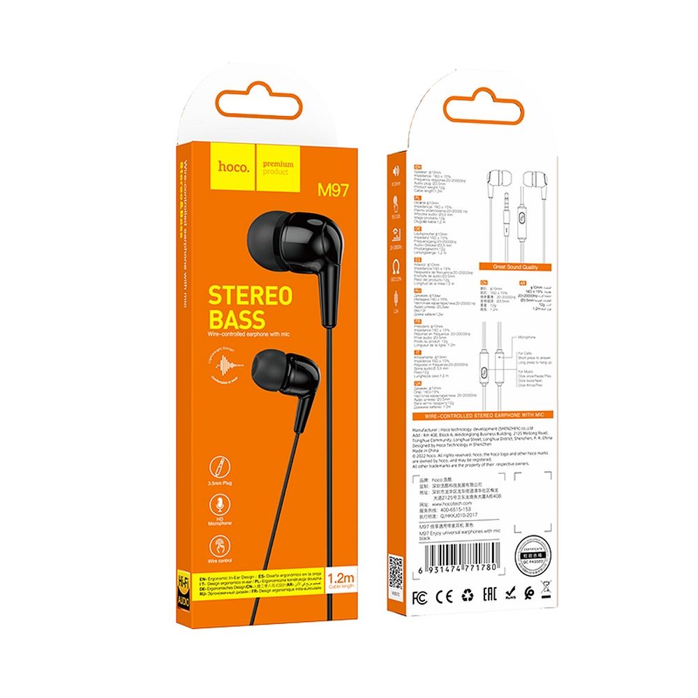 11743ad5b663edcb2f24fe7eac224e51 HOCO wire earphones Jack 3,5 mm with microphone M97 black