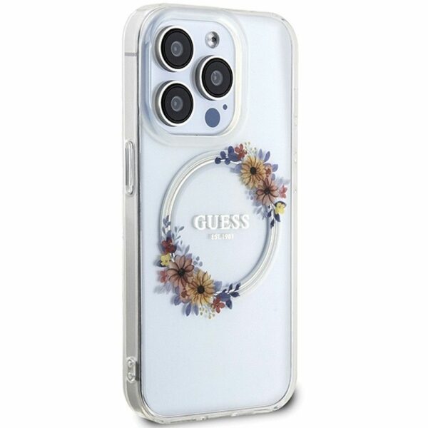 GUESS case for IPHONE 15 Pro compatible with MagSafe GUHMP15LHFWFCT (Flowers Wreath) transparent