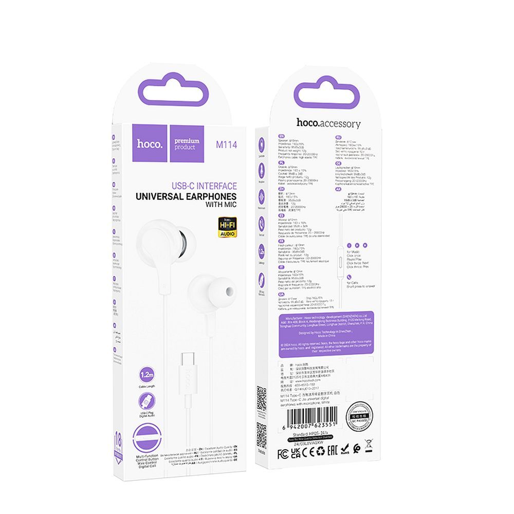 HOCO wire earphones Type C with microphone M114 white