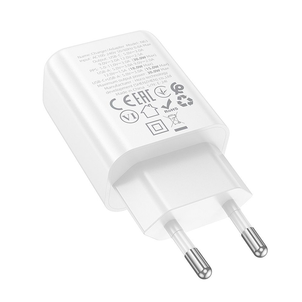 HOCO wall charger USB A + Type C PD QC3.0 3A 30W N63 white