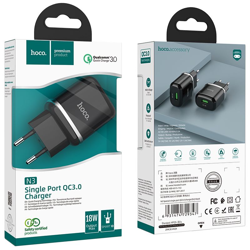 1cef206ec51a57990d7320e36c0dd8d7 HOCO travel charger USB A QC3.0 3A 18W N3 black