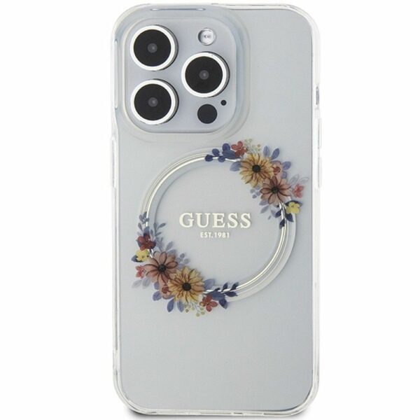 GUESS case for IPHONE 15 Pro compatible with MagSafe GUHMP15LHFWFCT (Flowers Wreath) transparent