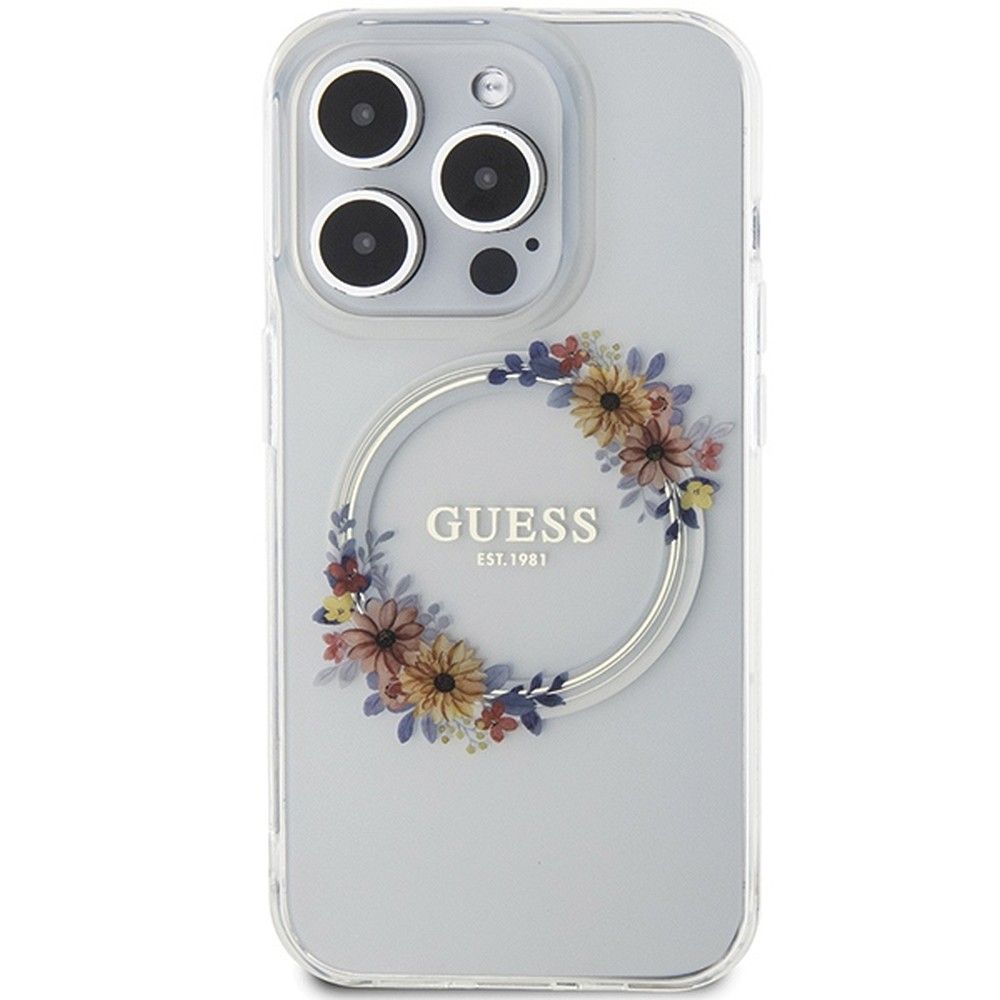 GUESS case for IPHONE 15 Pro compatible with MagSafe GUHMP15LHFWFCT (Flowers Wreath) transparent