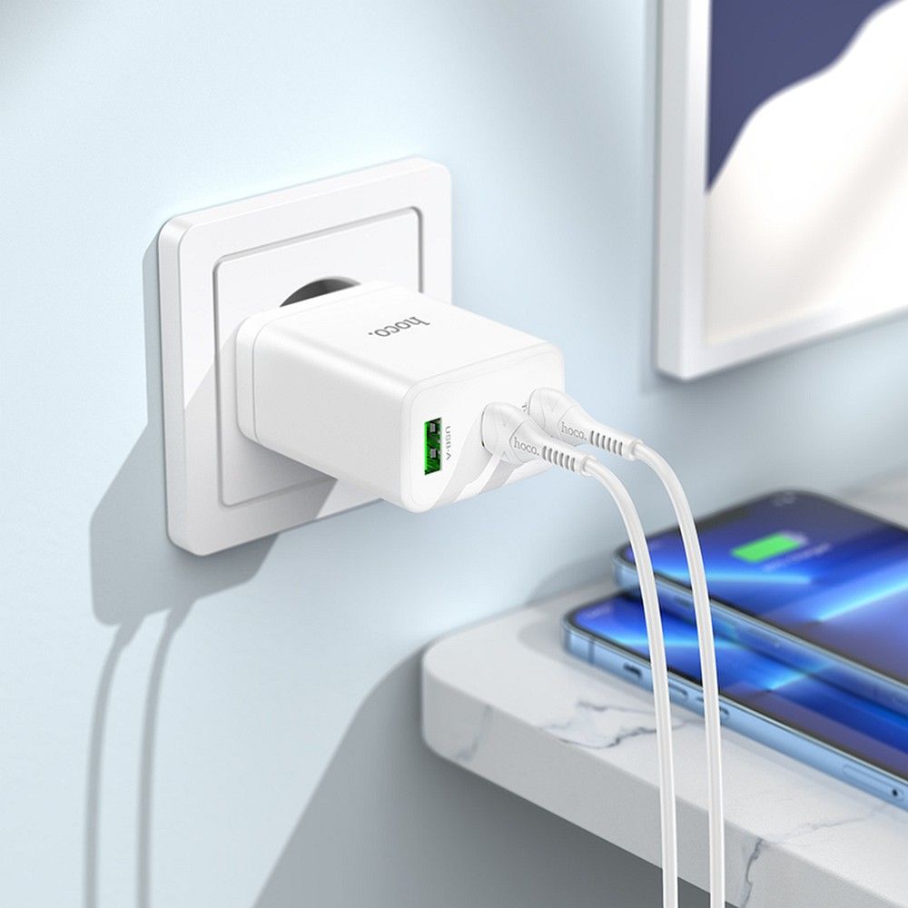 HOCO charger 2 x Type C + USB A + cable Type C to Lightning PD QC3.0 3A 35W N33 white