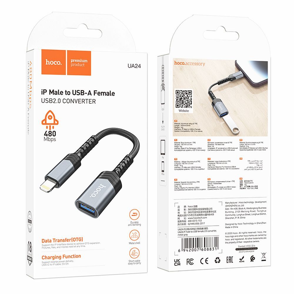 HOCO adapter iPhone Lightning 8-pin (male) to USB (female) 3.0 UA24 black
