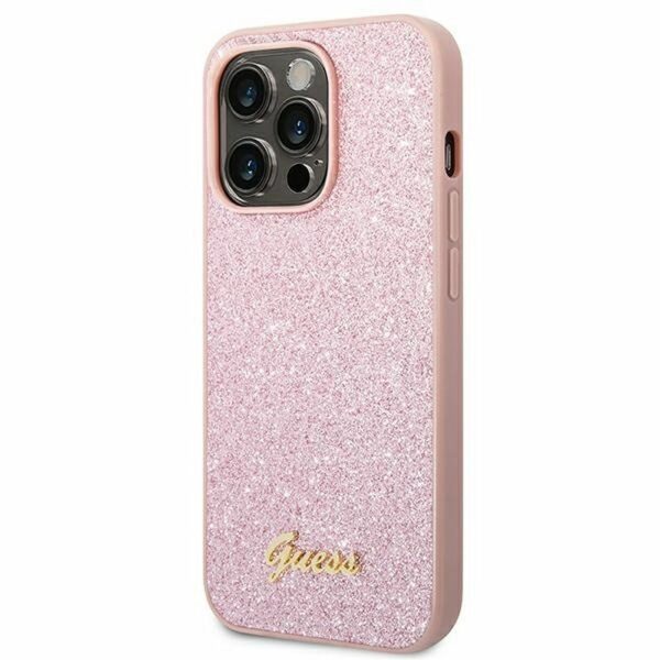 GUESS case for IPHONE 14 Pro GUHCP14LHGGSHP (Glitter Flakes Script Metal Logo) pink
