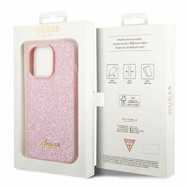GUESS case for IPHONE 14 Pro GUHCP14LHGGSHP (Glitter Flakes Script Metal Logo) pink