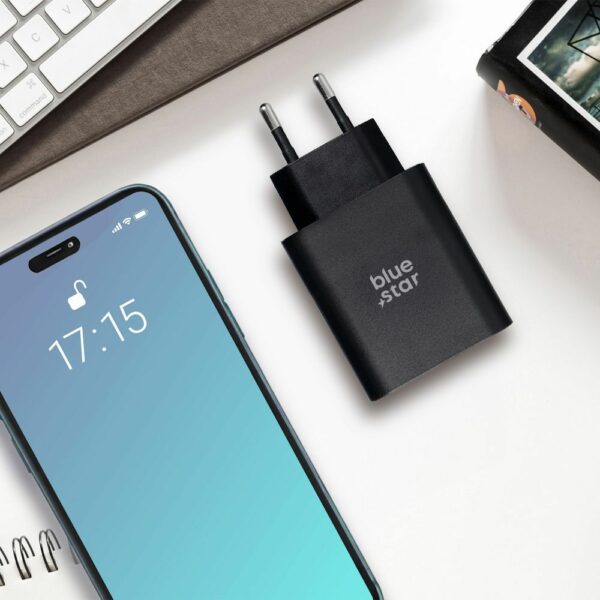 BLUE STAR travel charger with USB C+USB-A sockets PD QC4.0 3A 25W TFB-TC-25WPD black