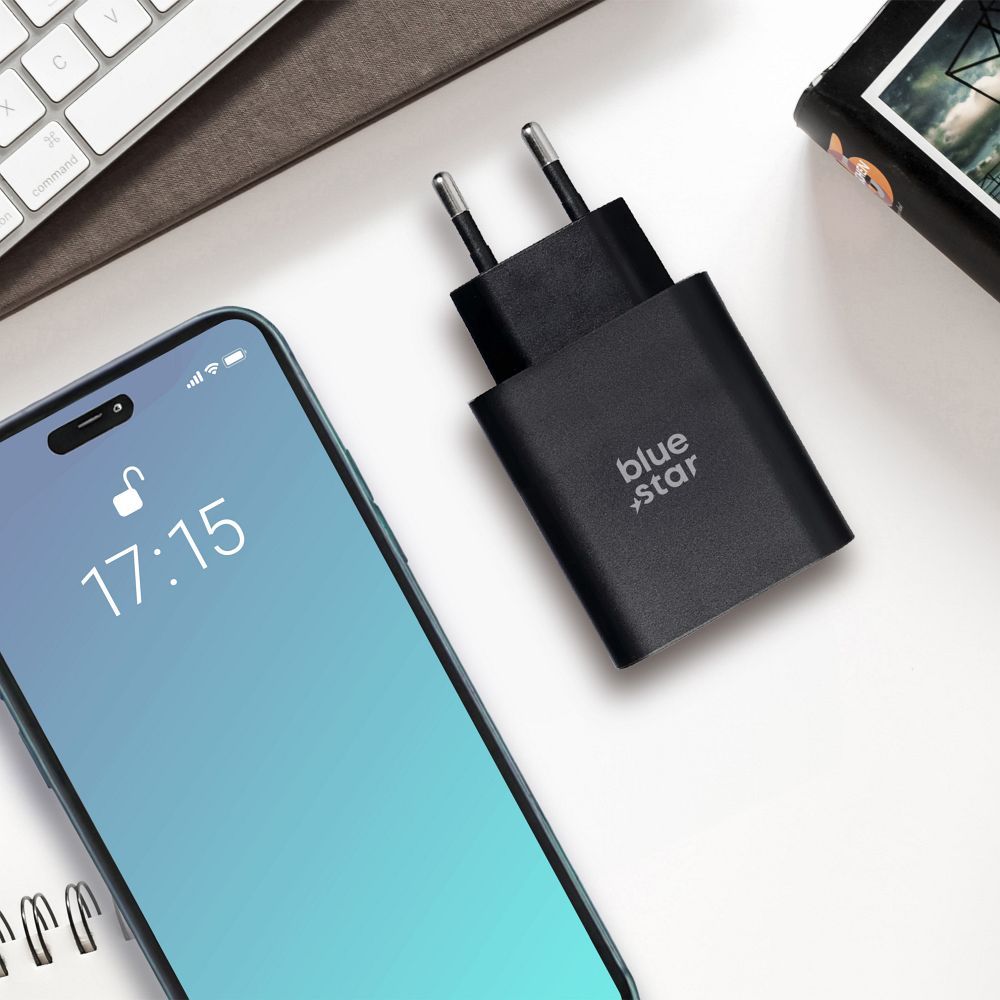 BLUE STAR travel charger with USB C+USB-A sockets PD QC4.0 3A 25W TFB-TC-25WPD black