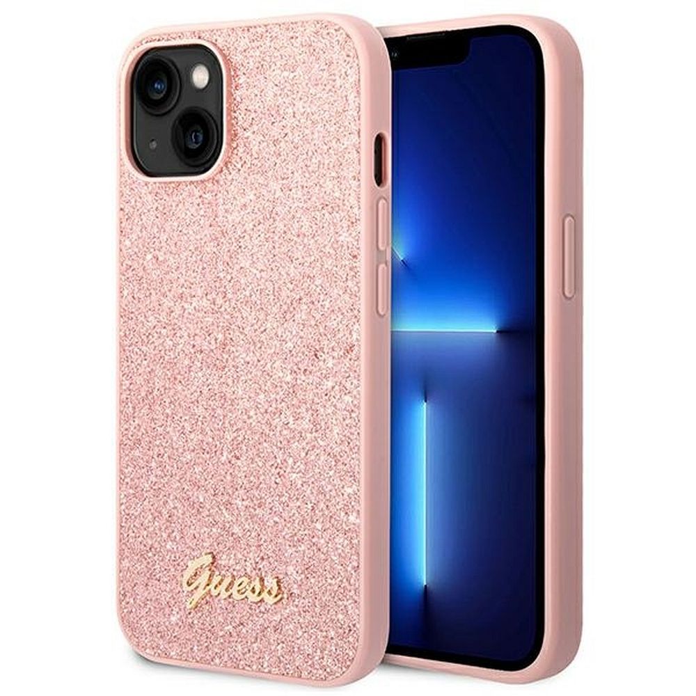 GUESS case for IPHONE 14 Plus GUHCP14MHGGSHP (Glitter Flakes Script Metal Logo) pink