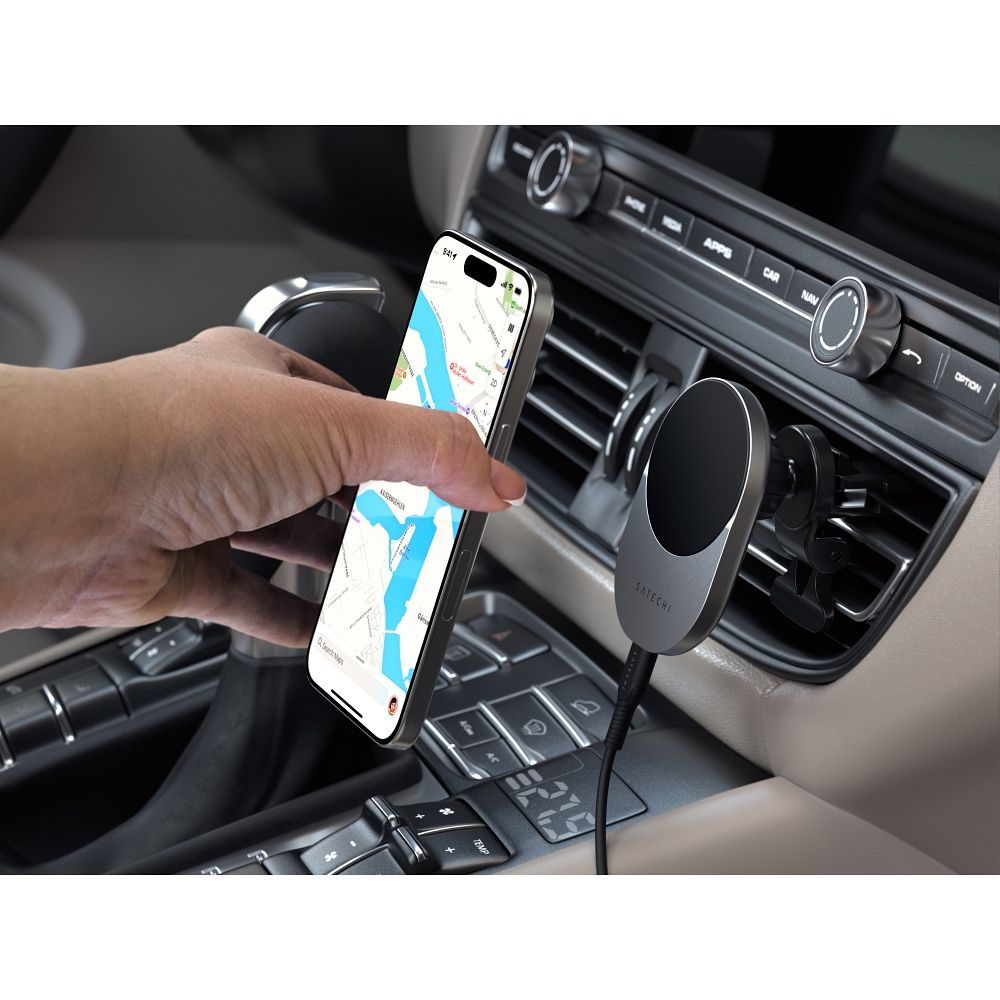 SATECHI magnetic car holder for air vent with wireless chargibg compatible with MagSafe Qi2 15W ST-Q2CCM space gray