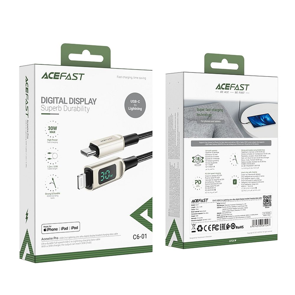 ACEFAST cable Type C to Lightning 8-pin MFi 3A PD30W LCD C6-01 1,2m silver