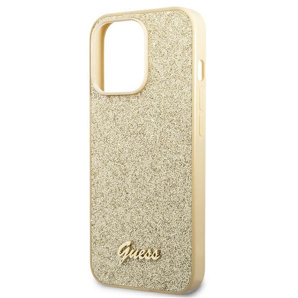 GUESS case for IPHONE 14 Pro GUHCP14LHGGSHD (Glitter Flakes Script Metal Logo) gold
