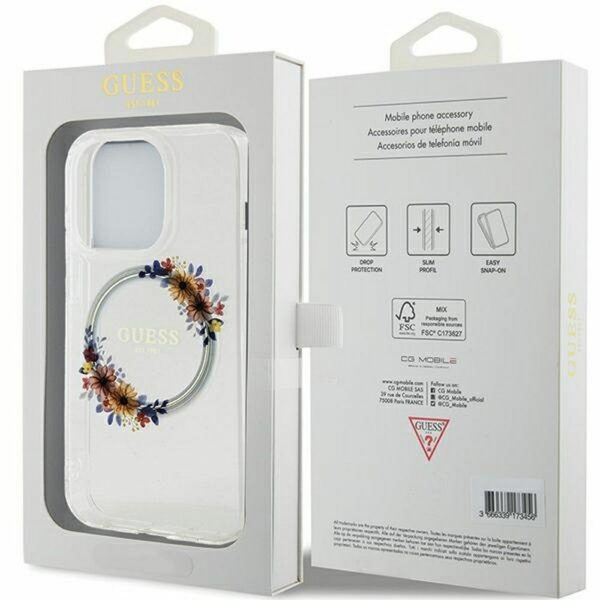 GUESS case for IPHONE 15 Pro compatible with MagSafe GUHMP15LHFWFCT (Flowers Wreath) transparent