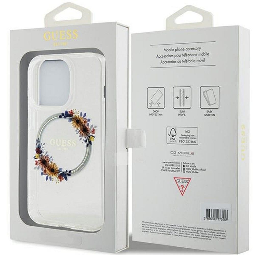 GUESS case for IPHONE 15 Pro compatible with MagSafe GUHMP15LHFWFCT (Flowers Wreath) transparent