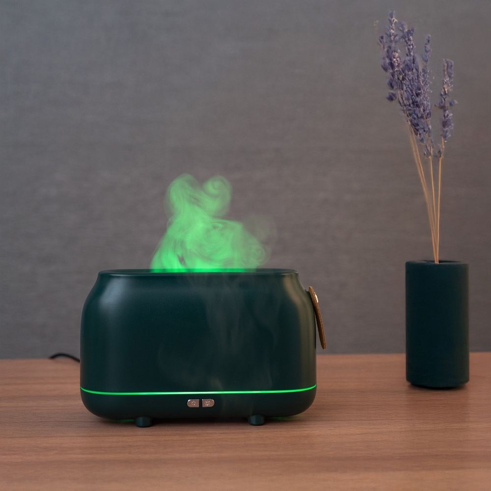 Colorful flame aromatherapy machine / humidifier / diffuser Art Deco model HZ005 dark green